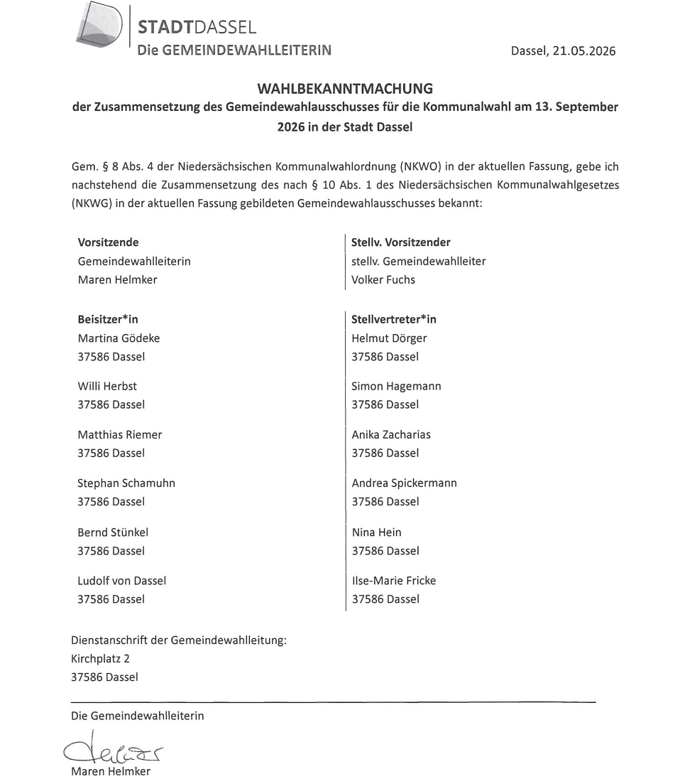 Bekanntmachung Wahlausschuss.jpg Wahlbekanntmachung Wahlausschuss © Stadt Dassel